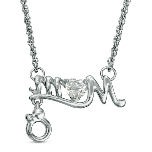 Heart-Shaped Lab-Created White Sapphire MOM" with Motherly Love Charm Necklace in Sterling Silver"