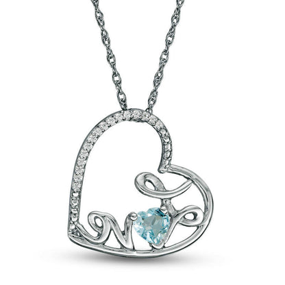 Heart-Shaped Aquamarine and Natural Diamond Accent Tilted LOVE" Pendant in Sterling Silver"