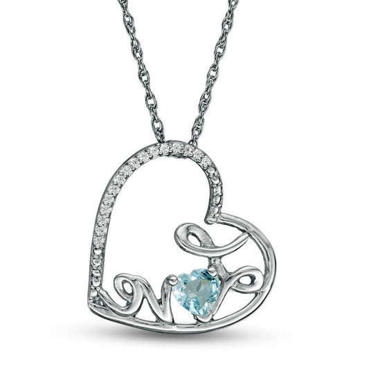 Heart-Shaped Aquamarine and Natural Diamond Accent Tilted LOVE" Pendant in Sterling Silver"