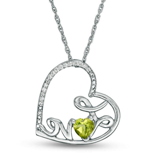 Heart-Shaped Peridot and Natural Diamond Accent Tilted LOVE" Pendant in Sterling Silver"