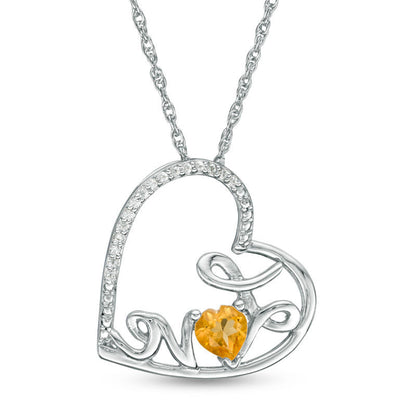 Heart-Shaped Citrine and Natural Diamond Accent Tilted LOVE" Pendant in Sterling Silver"