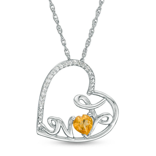 Heart-Shaped Citrine and Natural Diamond Accent Tilted LOVE" Pendant in Sterling Silver"