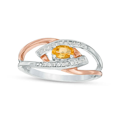 Oval Citrine and Natural Diamond Accent Split Shank Ring in Sterling Silver and Solid 10K Rose Gold