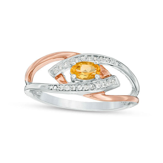 Oval Citrine and Natural Diamond Accent Split Shank Ring in Sterling Silver and Solid 10K Rose Gold