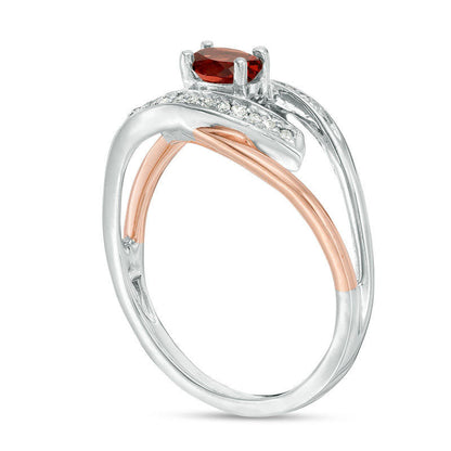 Oval Garnet and Natural Diamond Accent Split Shank Ring in Sterling Silver and Solid 10K Rose Gold