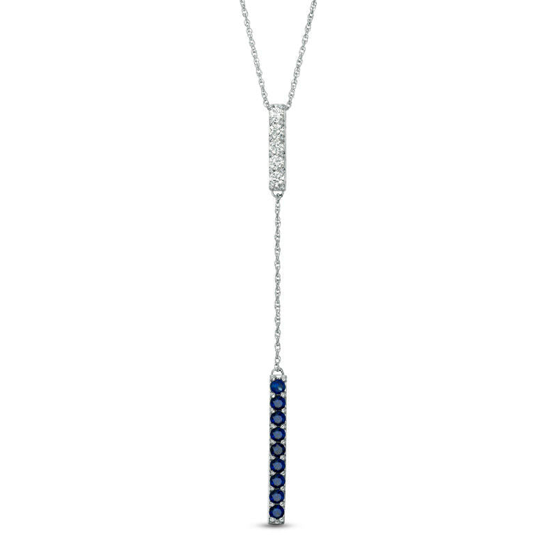 Lab-Created Blue and White Sapphire Double Bar Lariat-Style Necklace in Sterling Silver - 36