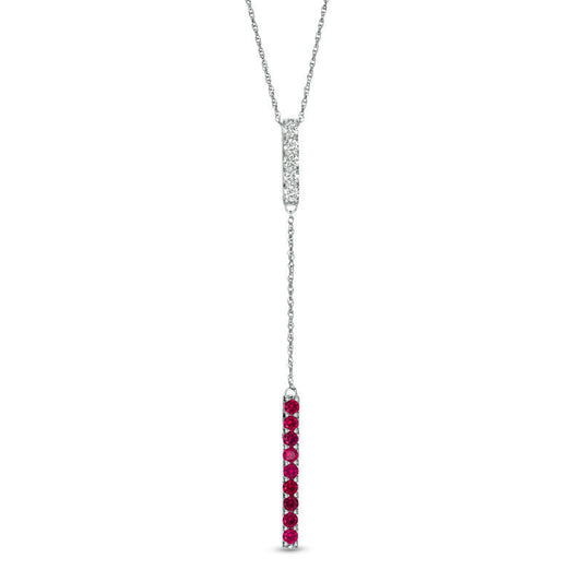 Lab-Created Ruby and White Sapphire Double Bar Lariat-Style Necklace in Sterling Silver - 36