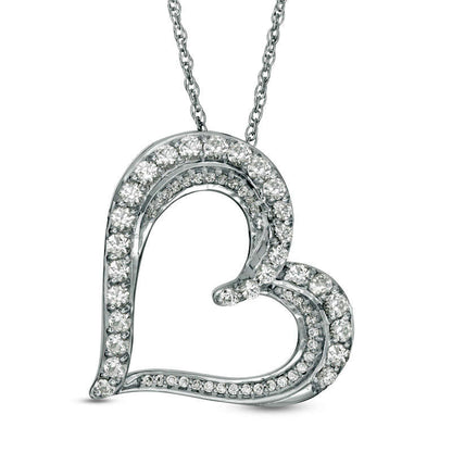 Lab-Created White Sapphire and 0.1 CT. T.W. Diamond Tilted Heart Pendant in Sterling Silver