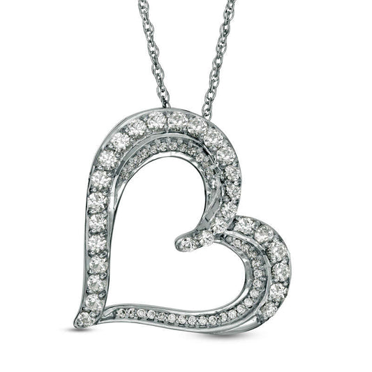 Lab-Created White Sapphire and 0.1 CT. T.W. Diamond Tilted Heart Pendant in Sterling Silver