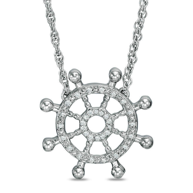 Natural Diamond Accent Nautical Boat Wheel Necklace in Sterling Silver - 17.5