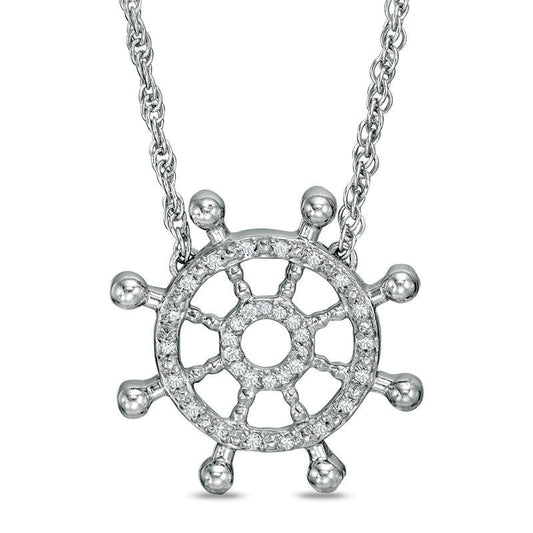 Natural Diamond Accent Nautical Boat Wheel Necklace in Sterling Silver - 17.5