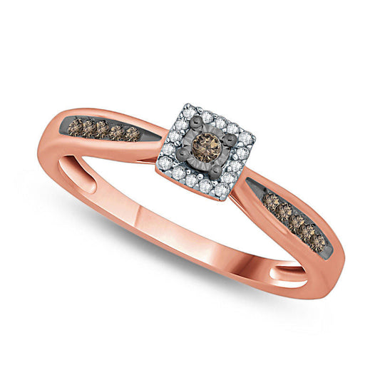 0.17 CT. T.W. Champagne and White Natural Diamond Square Frame Promise Ring in Solid 10K Rose Gold