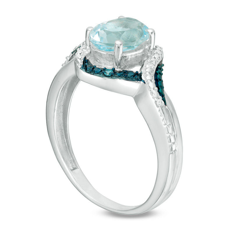 Oval Blue Topaz and Enhanced Blue and White Natural Diamond Accent Beaded Swirl Frame Ring in Sterling Silver