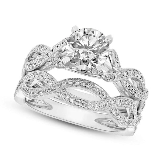 0.88 CT. T.W. Natural Diamond Antique Vintage-Style Twist Bridal Engagement Ring Set in Solid 14K White Gold (I/SI2)