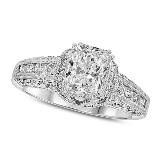 1.75 CT. T.W. Radiant-Cut Natural Diamond Collar Antique Vintage-Style Engagement Ring in Solid 14K White Gold (I/SI2)