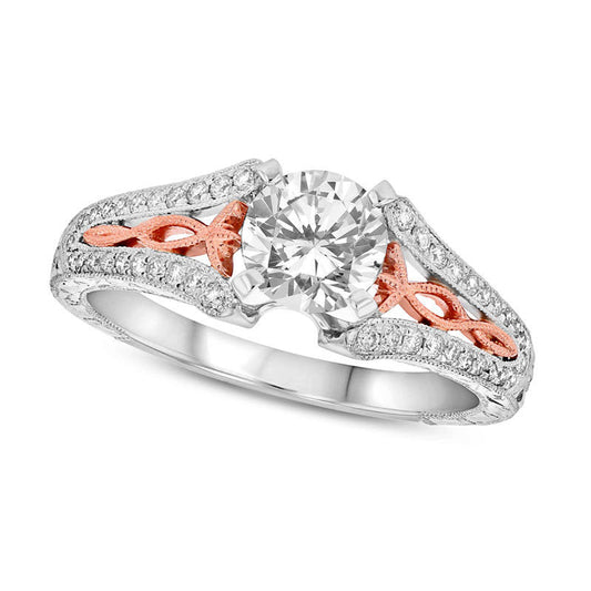 1.0 CT. T.W. Natural Diamond Antique Vintage-Style Filigree Split Shank Engagement Ring in Solid 14K Two-Tone Gold