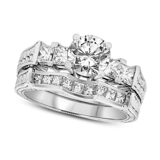 1.63 CT. T.W. Natural Diamond Antique-Finish Bridal Engagement Ring Set in Solid 14K White Gold (I/SI2)