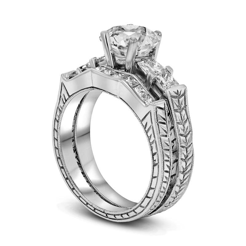1.63 CT. T.W. Natural Diamond Antique-Finish Bridal Engagement Ring Set in Solid 14K White Gold (I/SI2)