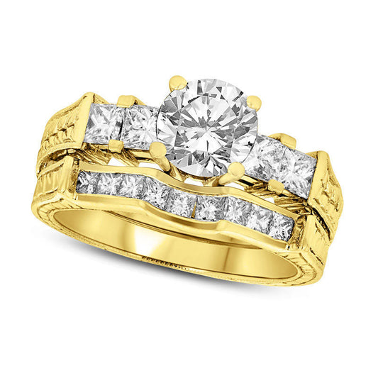 1.63 CT. T.W. Natural Diamond Antique-Finish Bridal Engagement Ring Set in Solid 14K Gold (I/SI2)