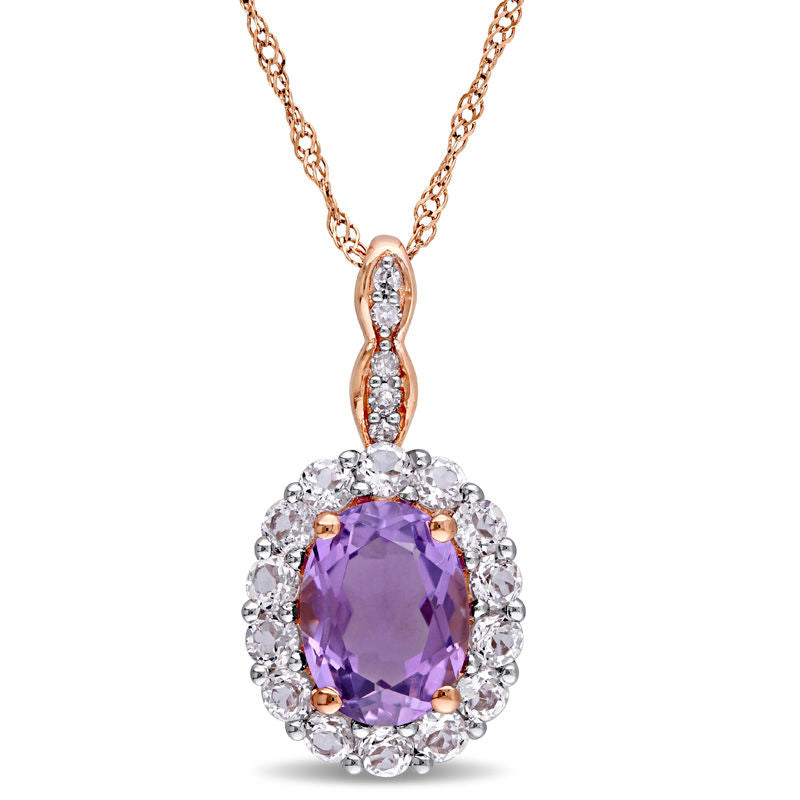 Oval Amethyst, White Topaz and Natural Diamond Accent Frame Pendant in 14K Rose Gold û 17