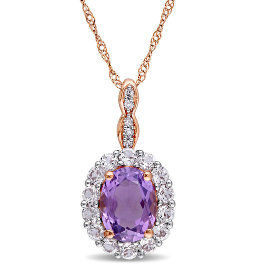 Oval Amethyst, White Topaz and Natural Diamond Accent Frame Pendant in 14K Rose Gold û 17