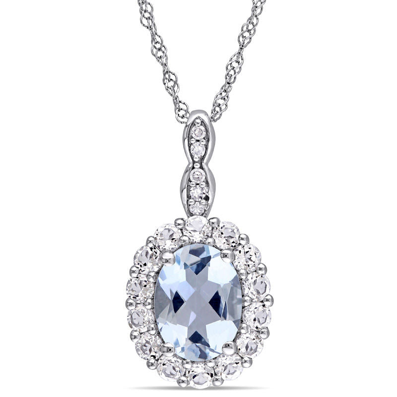 Oval Aquamarine, White Topaz and Natural Diamond Accent Frame Pendant in 14K White Gold û 17