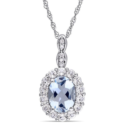 Oval Aquamarine, White Topaz and Natural Diamond Accent Frame Pendant in 14K White Gold û 17