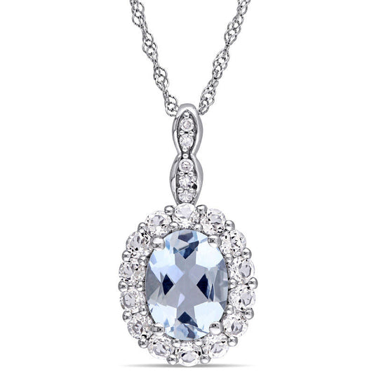 Oval Aquamarine, White Topaz and Natural Diamond Accent Frame Pendant in 14K White Gold û 17