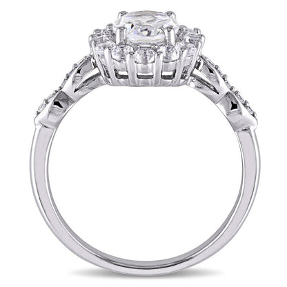 Oval White Topaz and Natural Diamond Accent Frame Ring in Solid 14K White Gold