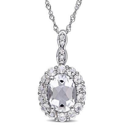 Oval White Topaz and Natural Diamond Accent Frame Pendant in 14K White Gold û 17