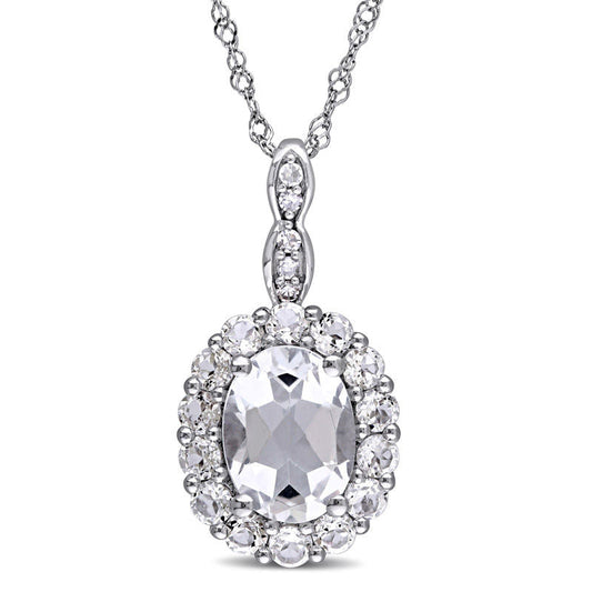 Oval White Topaz and Natural Diamond Accent Frame Pendant in 14K White Gold û 17