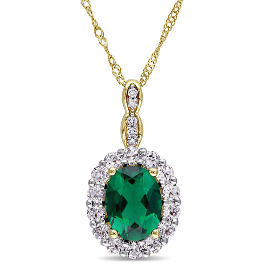 Oval Lab-Created Emerald, White Topaz and Diamond Accent Frame Pendant in 14K Gold û 17