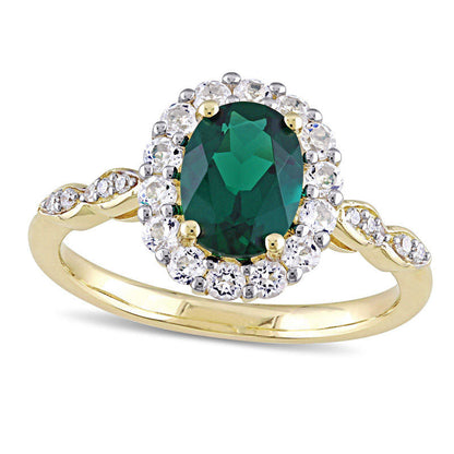 Oval Lab-Created Emerald, White Topaz and Diamond Accent Frame Ring in Solid 14K Gold