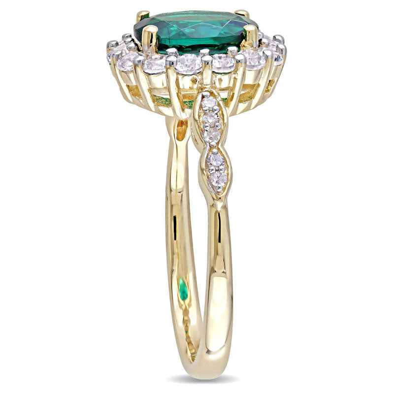 Oval Lab-Created Emerald, White Topaz and Diamond Accent Frame Ring in Solid 14K Gold