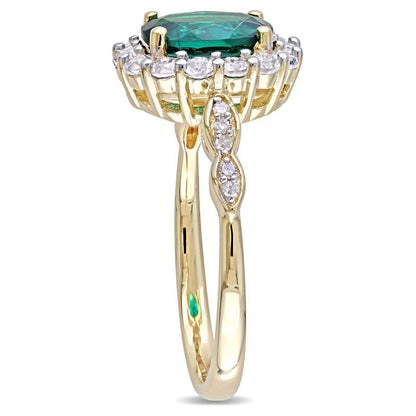 Oval Lab-Created Emerald, White Topaz and Diamond Accent Frame Ring in Solid 14K Gold