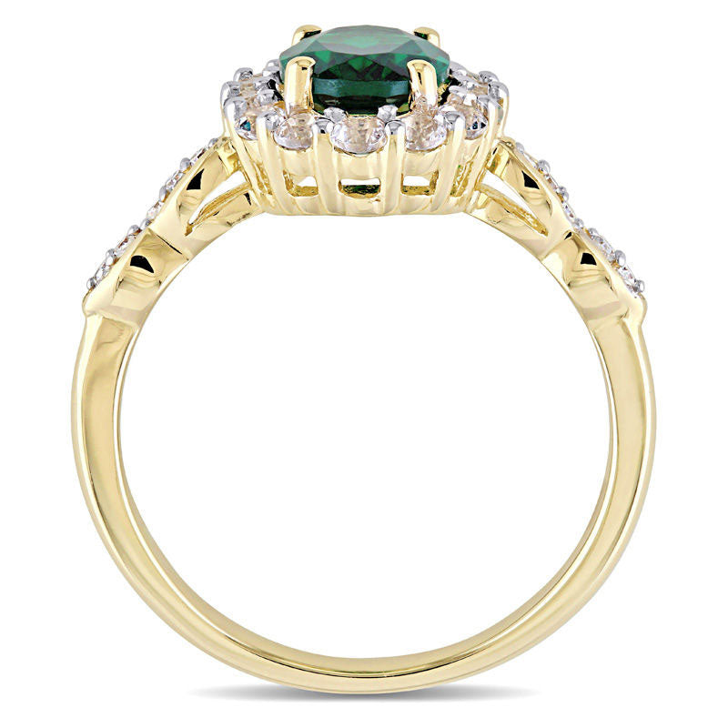Oval Lab-Created Emerald, White Topaz and Diamond Accent Frame Ring in Solid 14K Gold