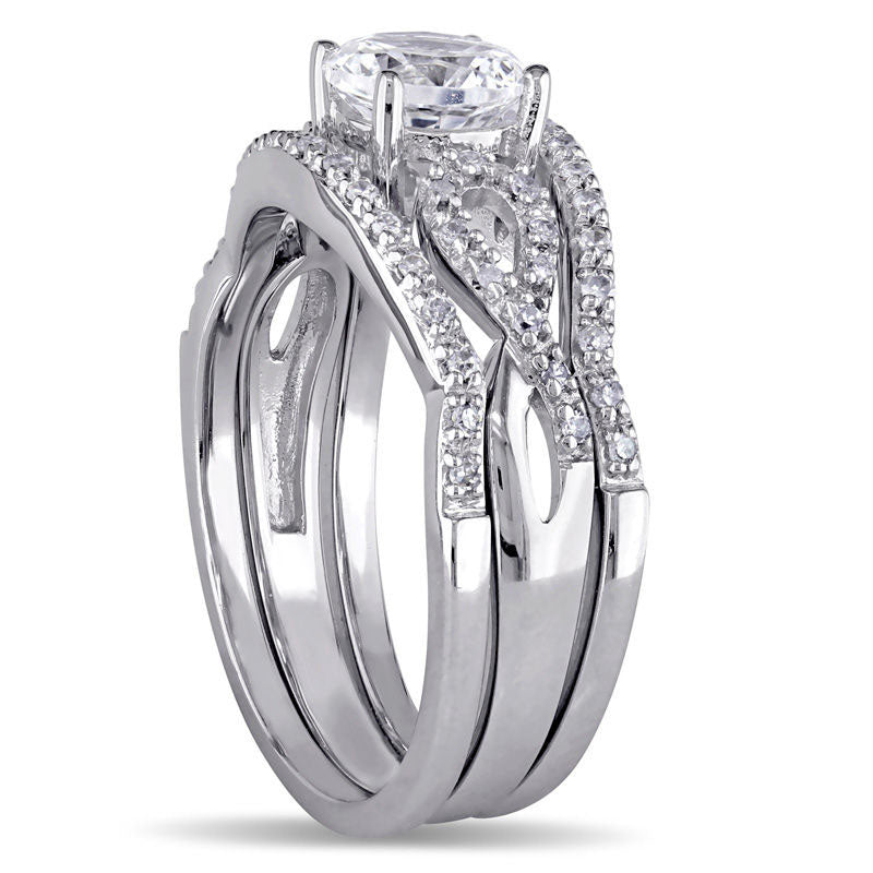 6.0mm Lab-Created White Sapphire and 0.20 CT. T.W. Diamond Loop Three Piece Bridal Engagement Ring Set in Solid 10K White Gold