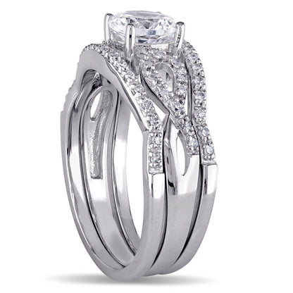 6.0mm Lab-Created White Sapphire and 0.20 CT. T.W. Diamond Loop Three Piece Bridal Engagement Ring Set in Solid 10K White Gold