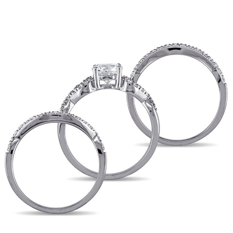 6.0mm Lab-Created White Sapphire and 0.20 CT. T.W. Diamond Loop Three Piece Bridal Engagement Ring Set in Solid 10K White Gold