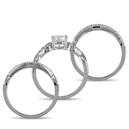 6.0mm Lab-Created White Sapphire and 0.20 CT. T.W. Diamond Loop Three Piece Bridal Engagement Ring Set in Solid 10K White Gold