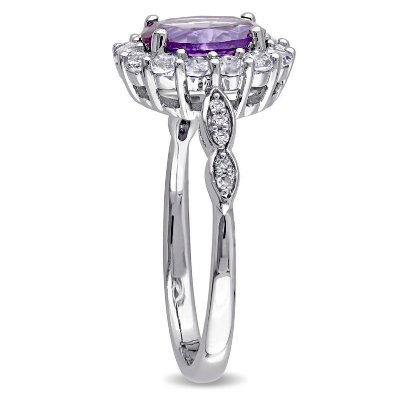 Oval Lab-Created Alexandrite, White Topaz and Diamond Accent Frame Ring in Solid 14K White Gold