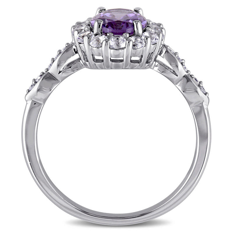 Oval Lab-Created Alexandrite, White Topaz and Diamond Accent Frame Ring in Solid 14K White Gold