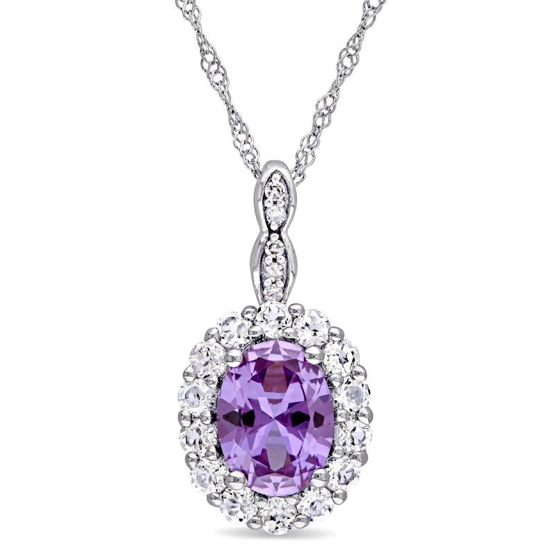 Oval Lab-Created Alexandrite, White Topaz and Diamond Accent Frame Pendant in 14K White Gold û 17