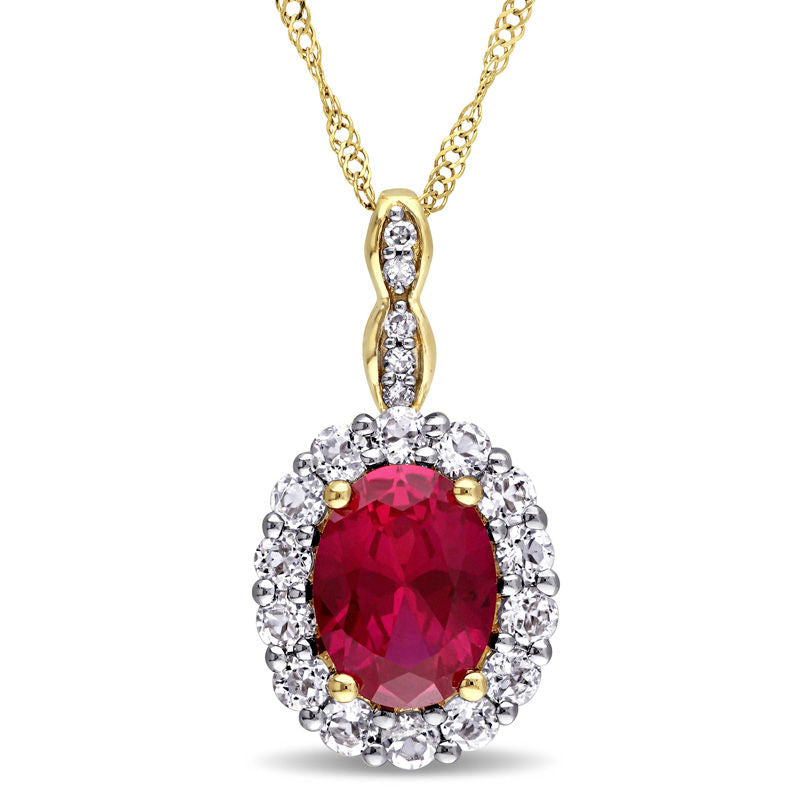 Oval Lab-Created Ruby, White Topaz and Diamond Accent Frame Pendant in 14K Gold û 17