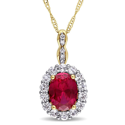 Oval Lab-Created Ruby, White Topaz and Diamond Accent Frame Pendant in 14K Gold û 17