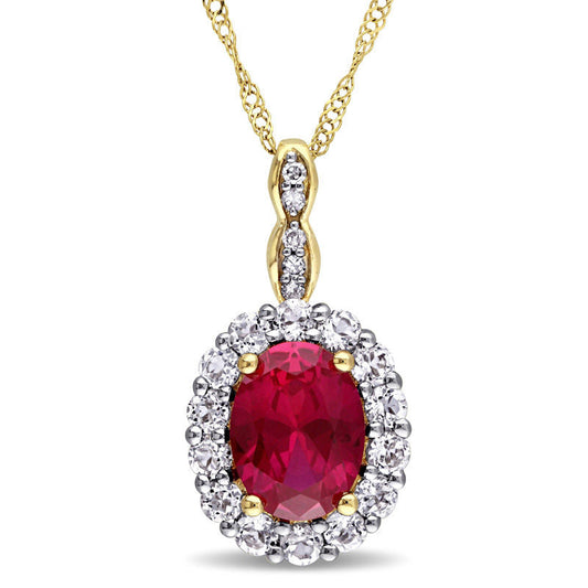 Oval Lab-Created Ruby, White Topaz and Diamond Accent Frame Pendant in 14K Gold û 17