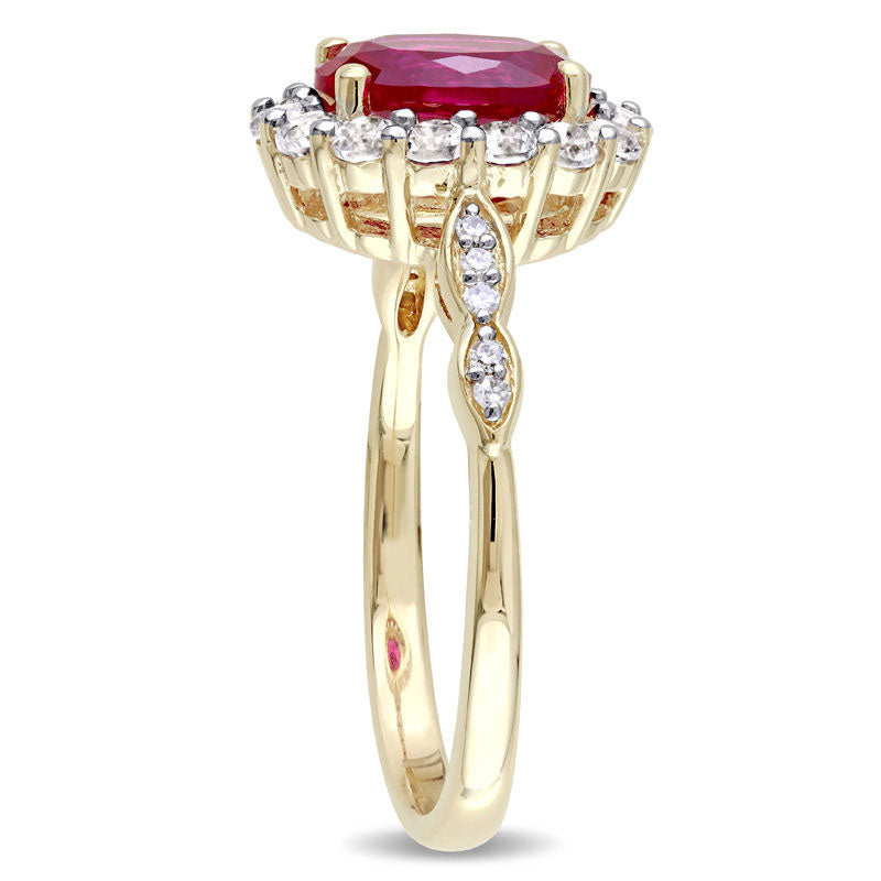 Oval Lab-Created Ruby, White Topaz and Diamond Accent Frame Ring in Solid 14K Gold