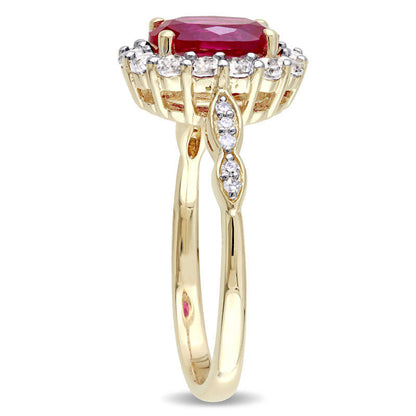 Oval Lab-Created Ruby, White Topaz and Diamond Accent Frame Ring in Solid 14K Gold