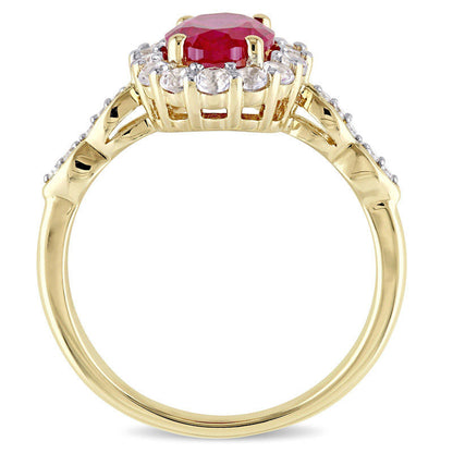 Oval Lab-Created Ruby, White Topaz and Diamond Accent Frame Ring in Solid 14K Gold