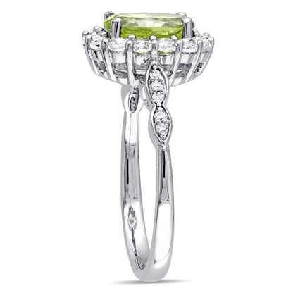 Oval Peridot, White Topaz and Natural Diamond Accent Frame Ring in Solid 14K White Gold